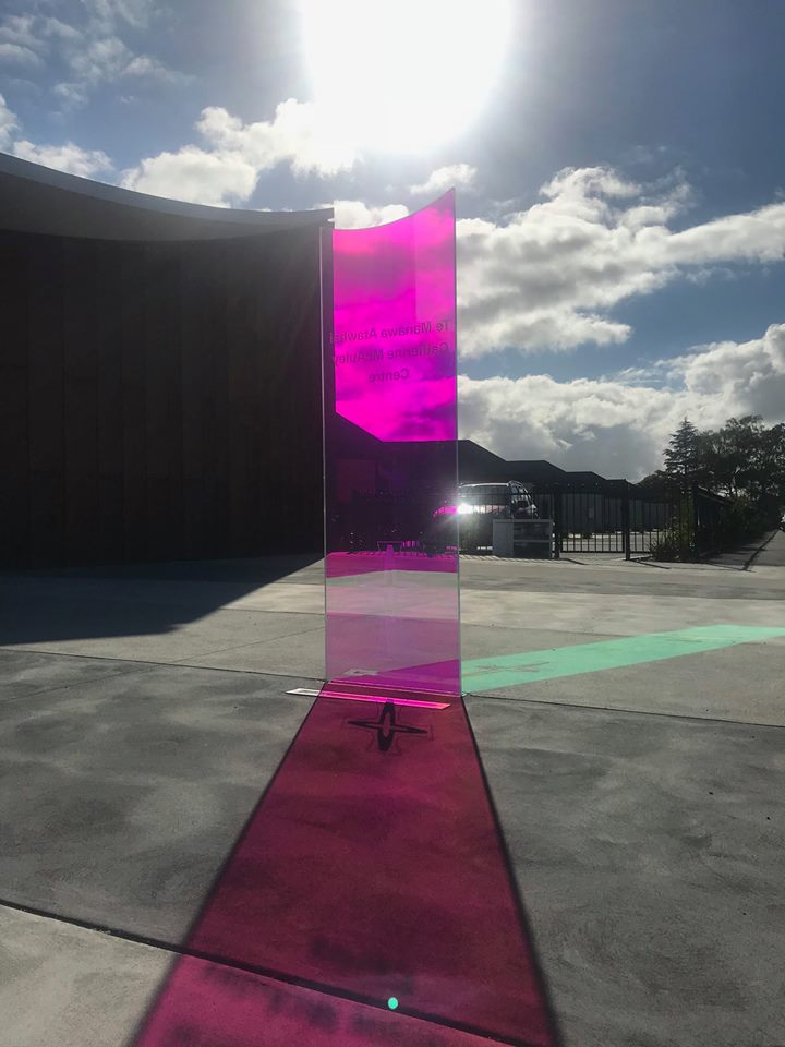 Dichroic glass at Villa Maria College from the side.  The light is catching the glass and you can see the two colours